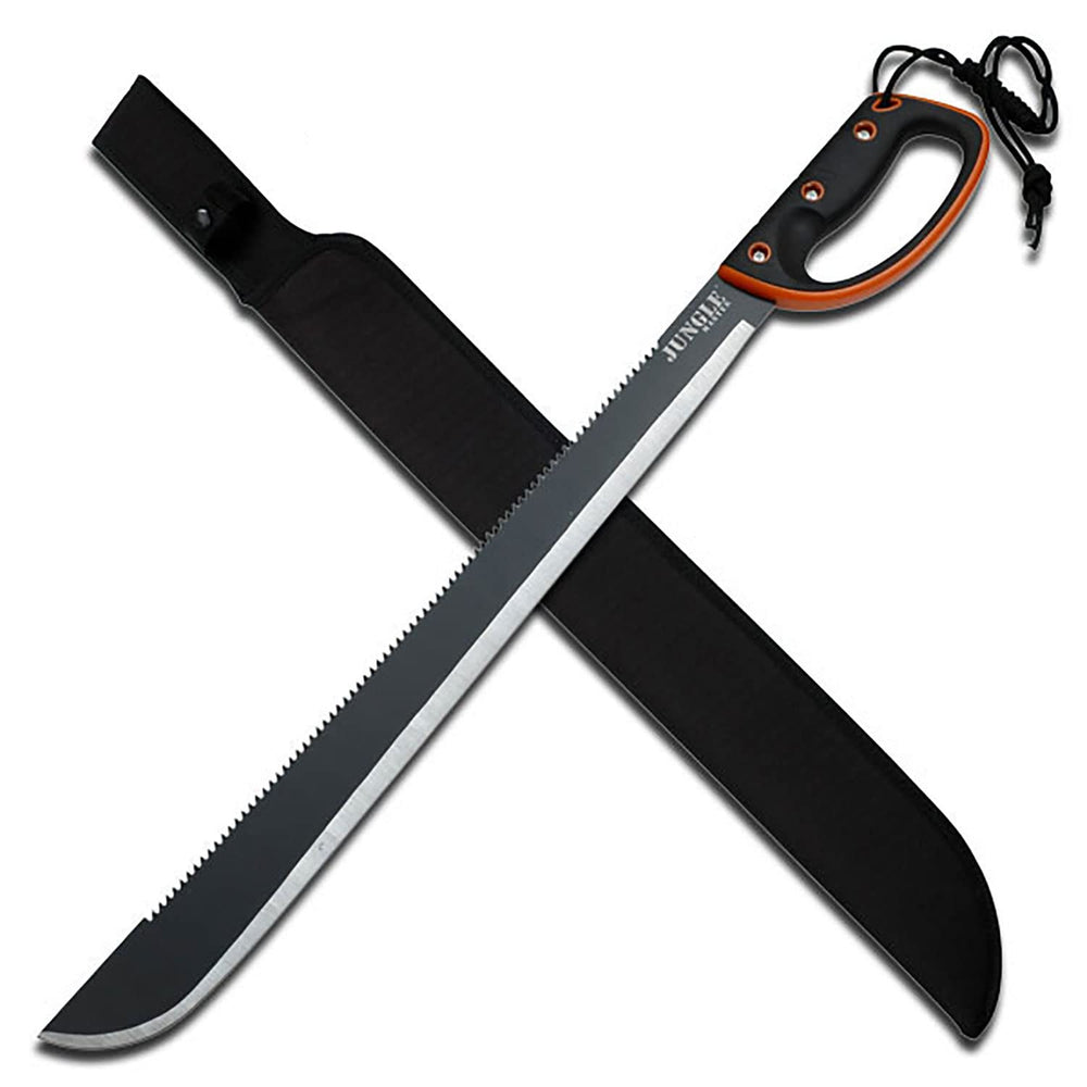 Jungle Master machete front view showing full tang blade and cutting versatility