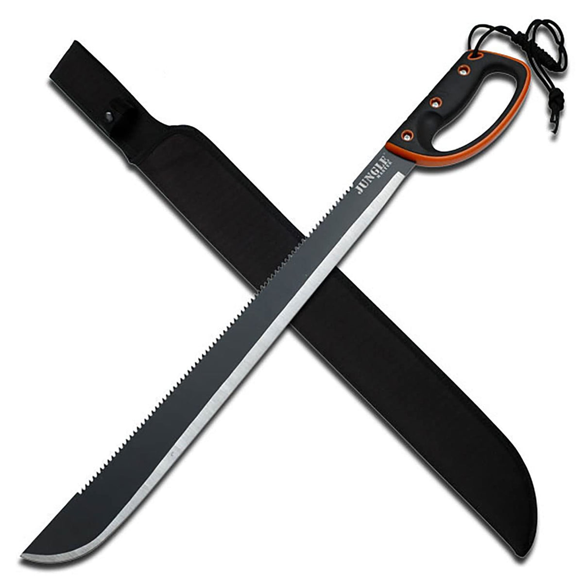 Jungle Master machete front view showing full tang blade and cutting versatility