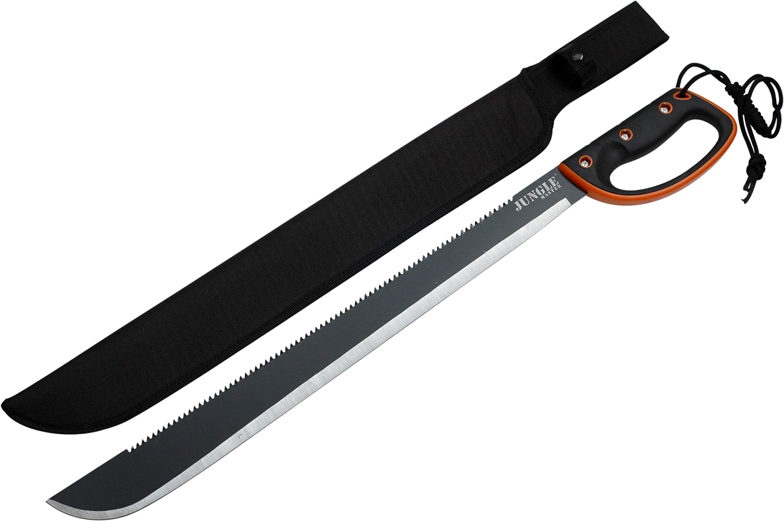 Jungle Master handle close-up with orange rim and sheath demonstrating secure carry