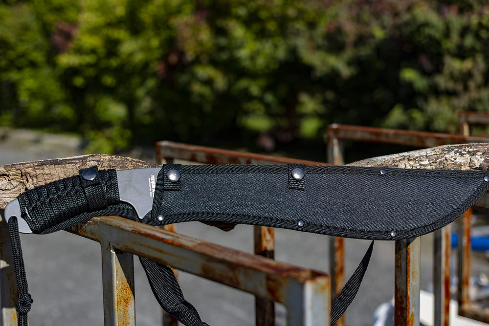 Jungle Master placed beside a ruler showing 21-inch overall length for easy portability