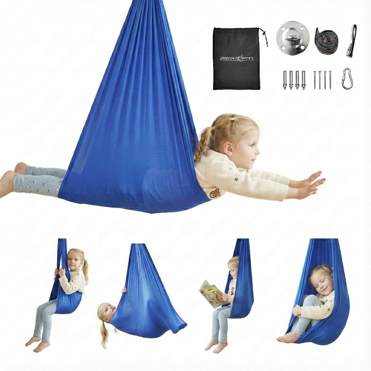JUNGLE WELL front view of indoor sensory swing showing packaging and hammock benefits