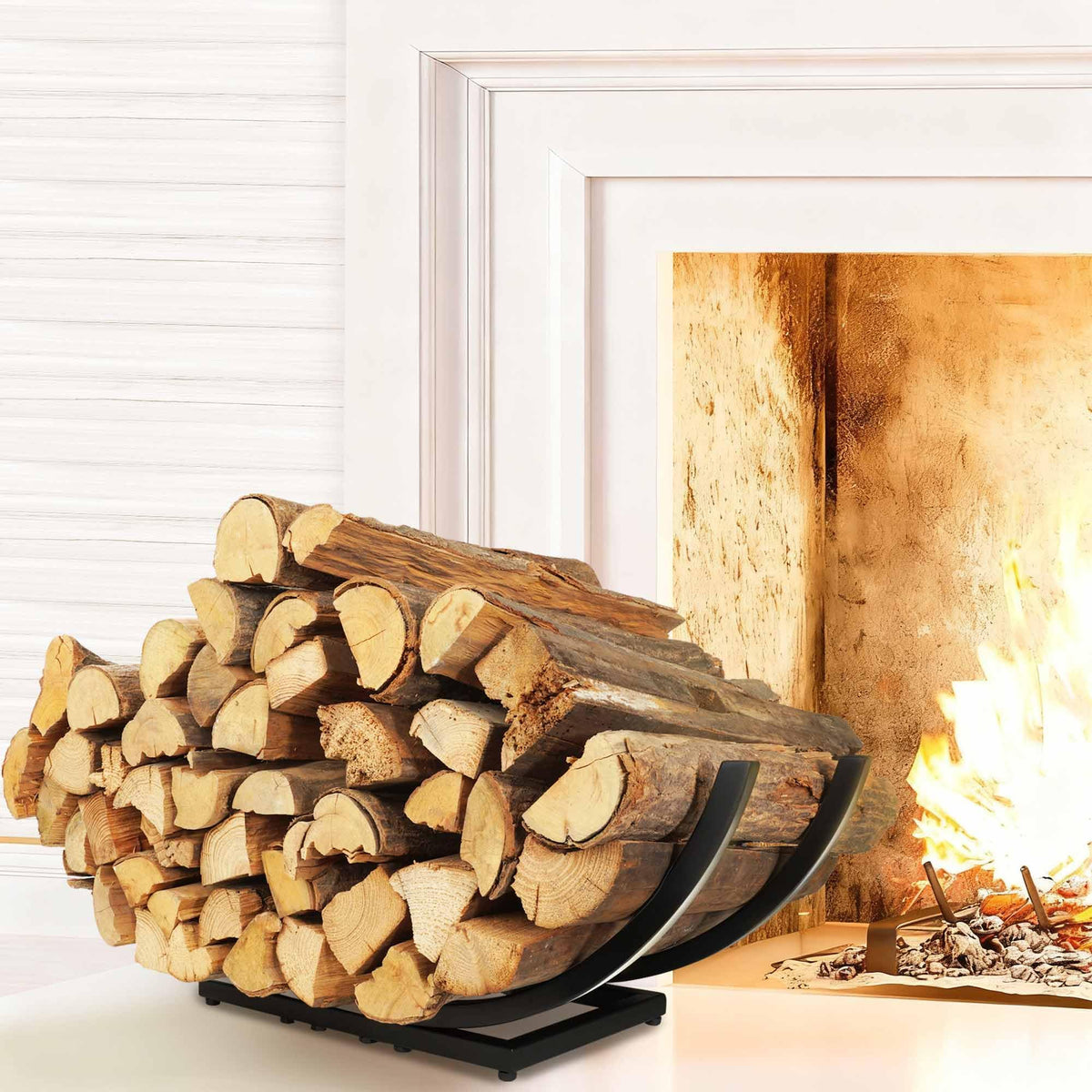 JUNSHUO front view of curved rack showing neat log storage benefit