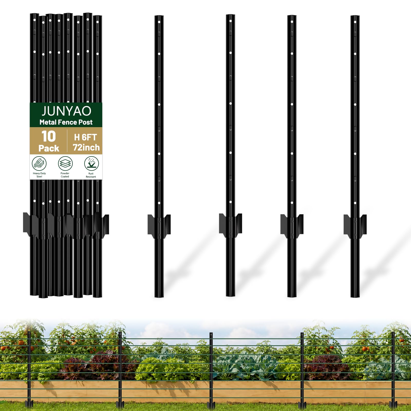 JUNYAO 10-pack U posts front view showing packed stakes and durability