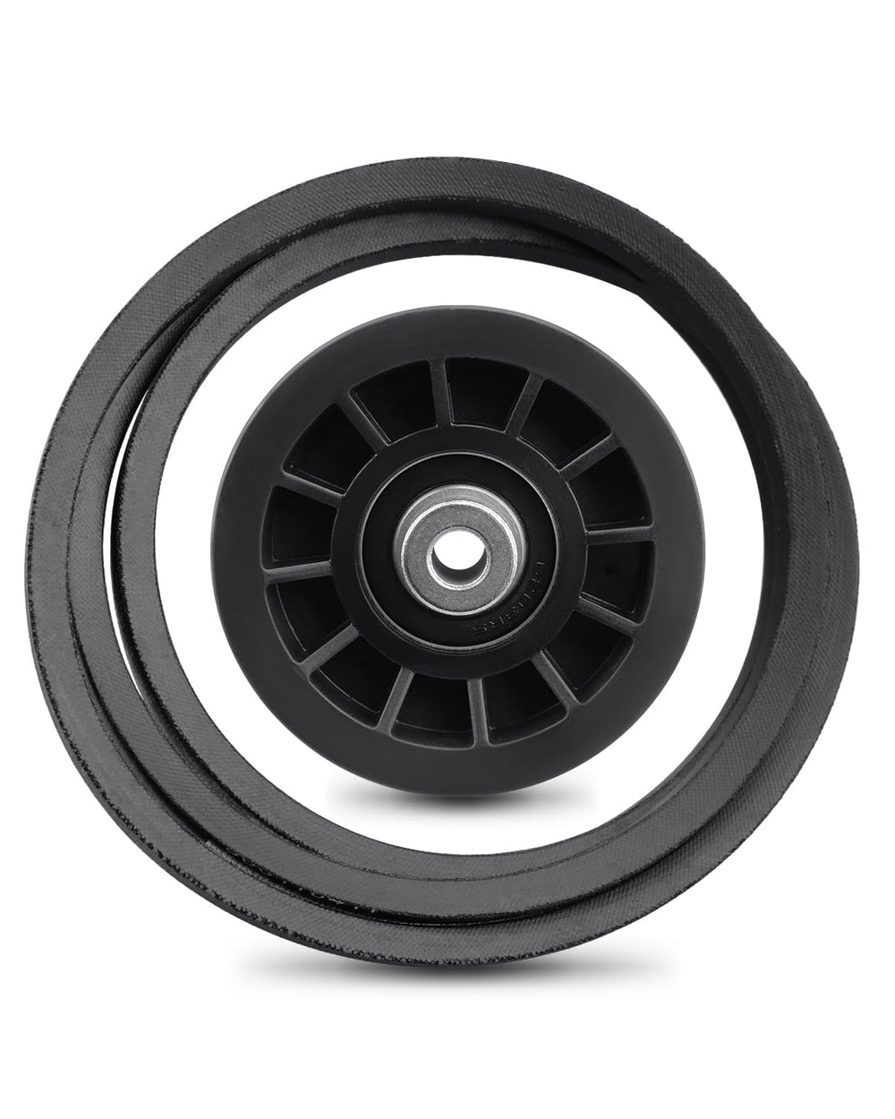JUQAFY front view of idler pulley and drive belt showing kit completeness and fit benefit
