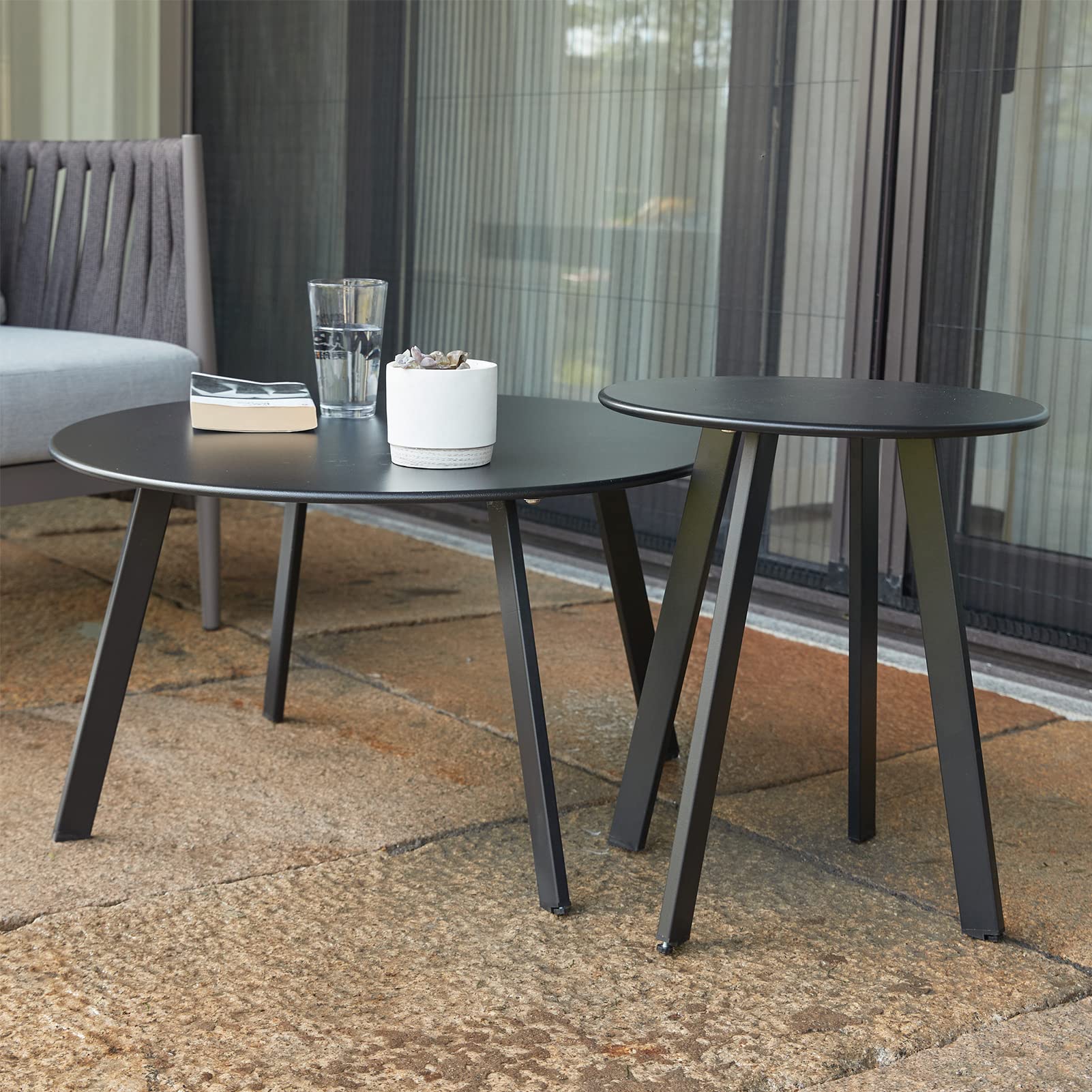 juserox table beside sofa showing size comparison for indoor and outdoor placement
