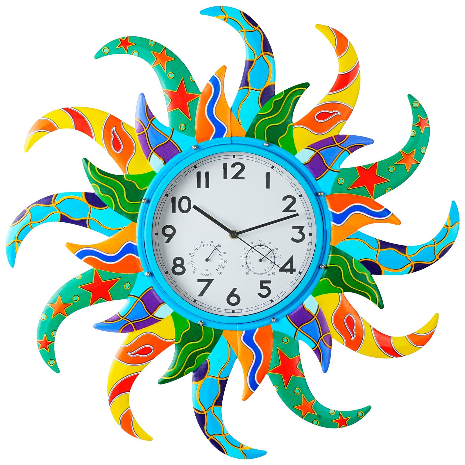 Jusimux front view sun clock showing bold blue frame and readable face