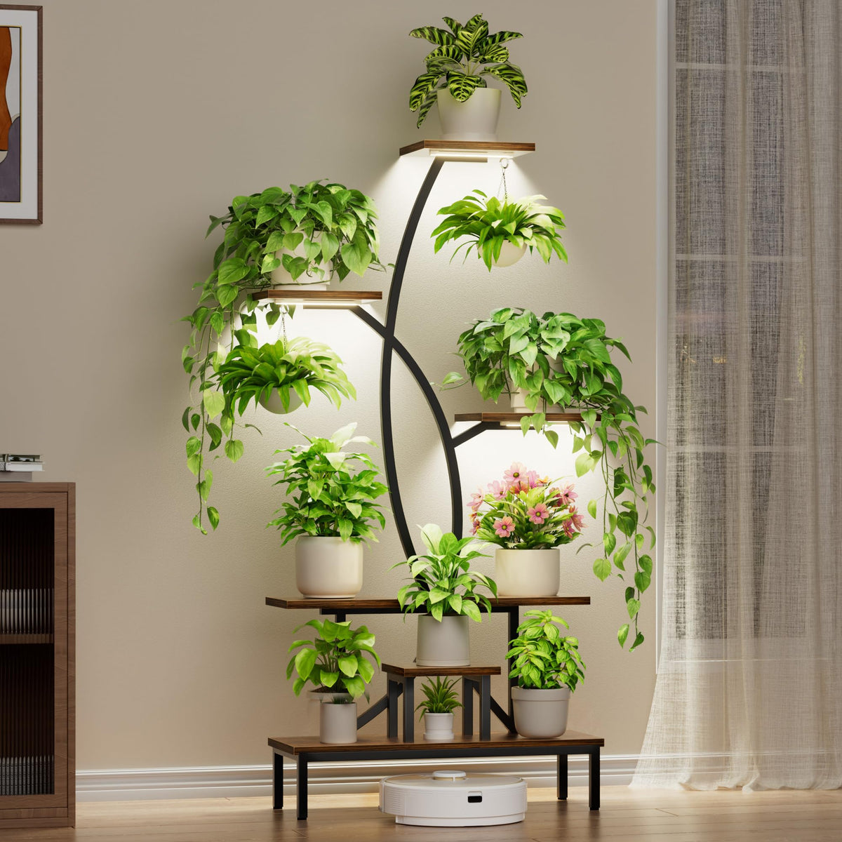 JUSTOGO front full view showing tall 7-tier shelf and lighting benefit