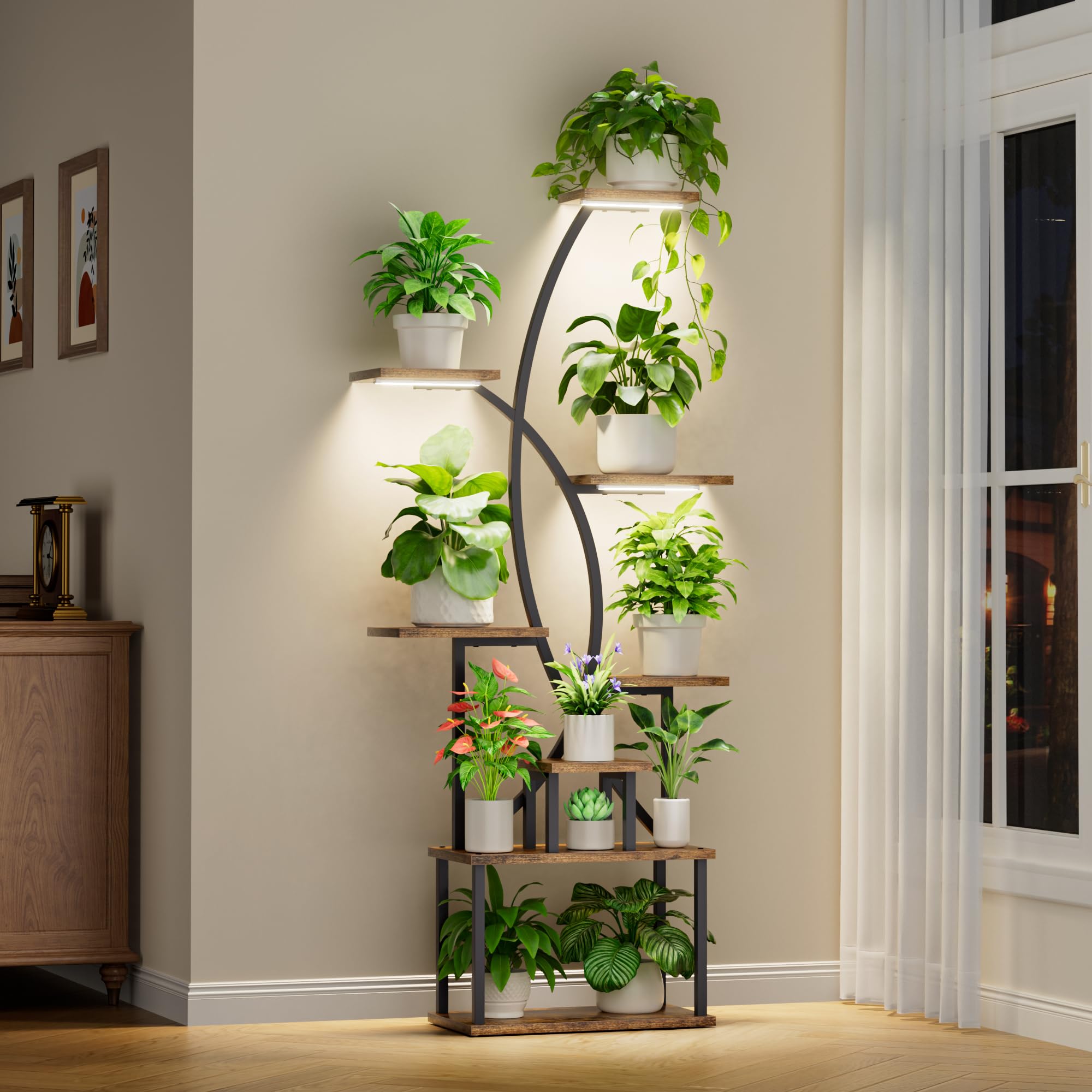 JUSTOGO front view plant stand showing full-tier display and vertical space saving