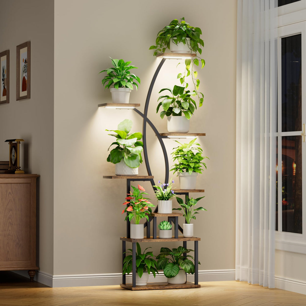 JUSTOGO front view plant stand showing full-tier display and vertical space saving