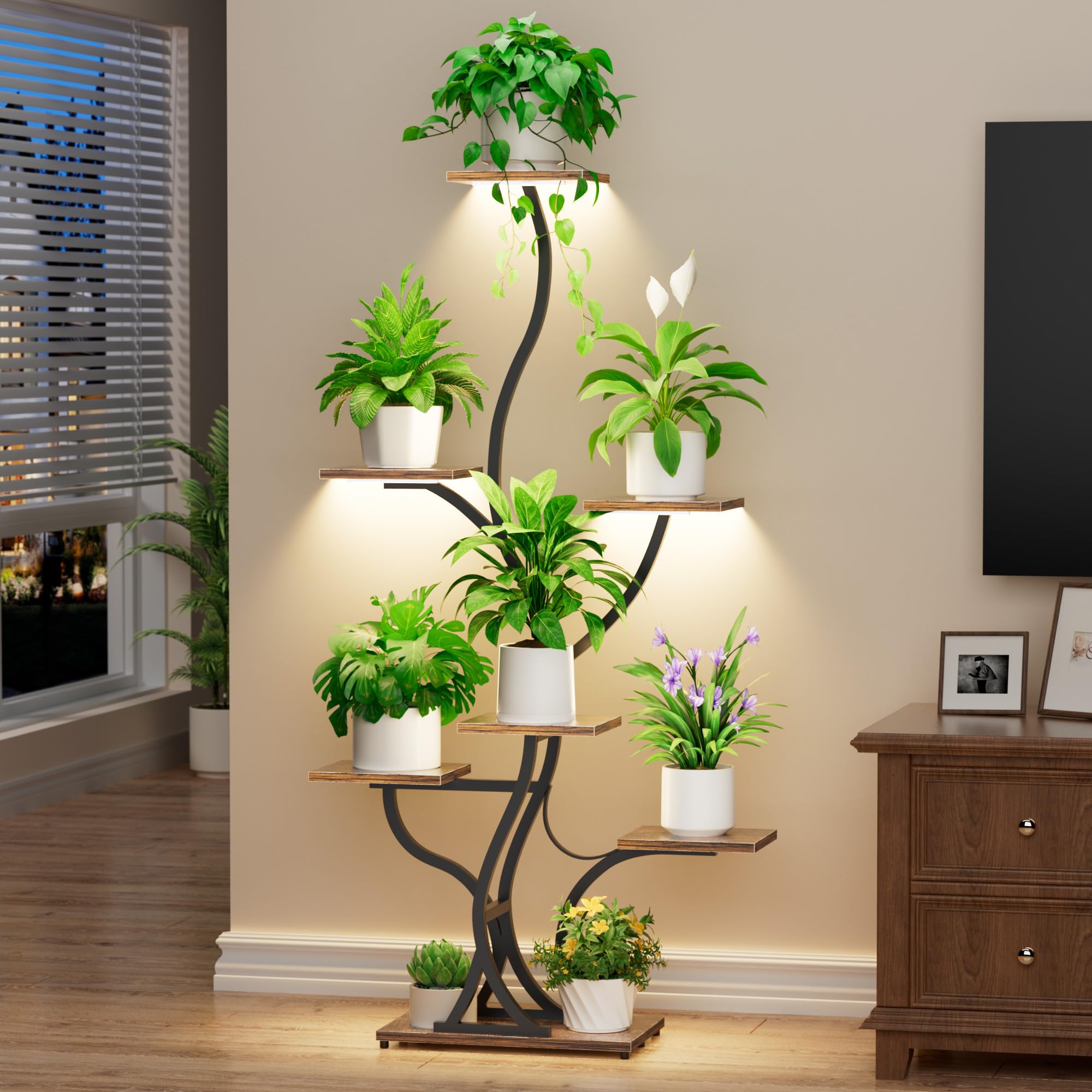 JUSTOGO front view plant stand showing tiered display and space-saving benefit