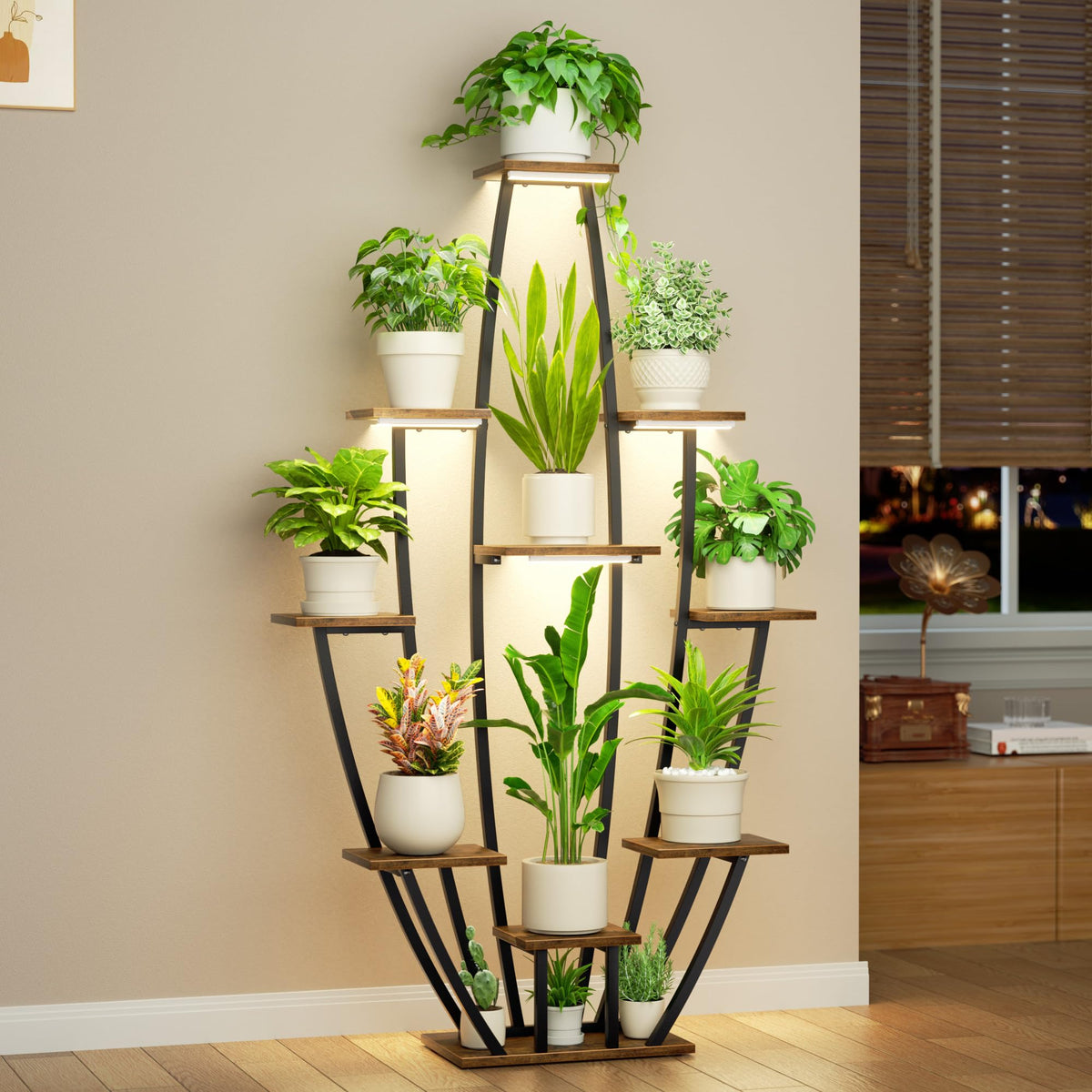 JUSTOGO front view of 10-tier plant stand showing organized vertical greenery and space saving