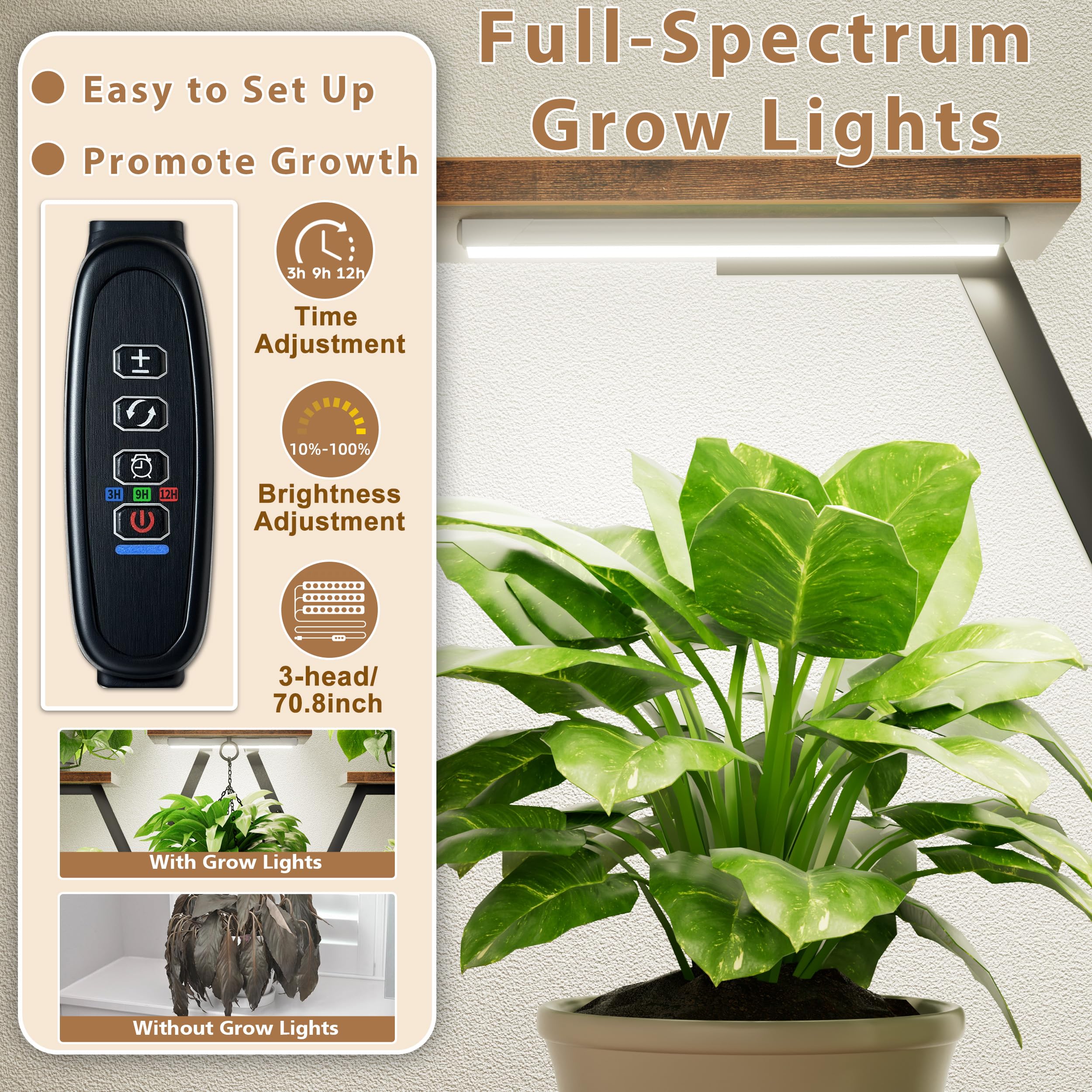 JUSTOGO grow lights illuminated showing adjustable brightness for healthier plants
