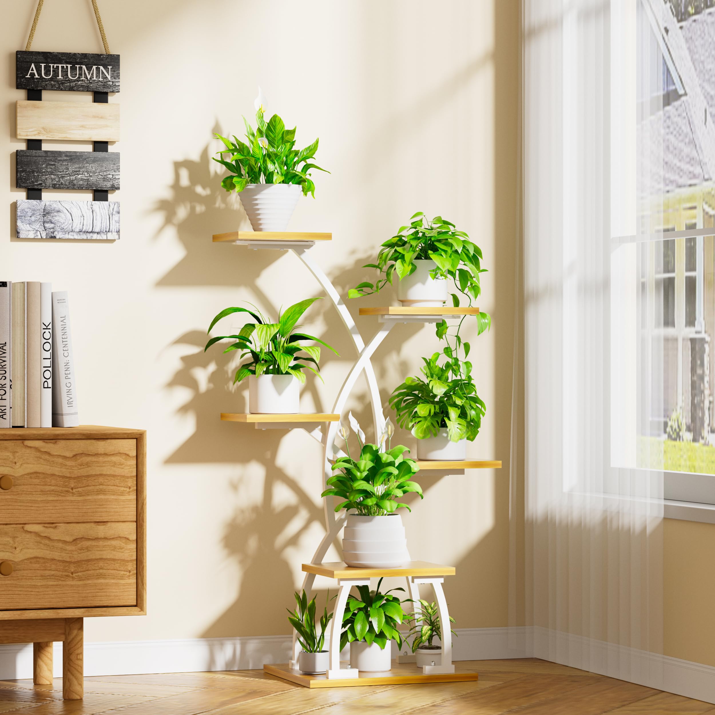 JUSTOGO plant stand in living room adding greenery and decor to small spaces