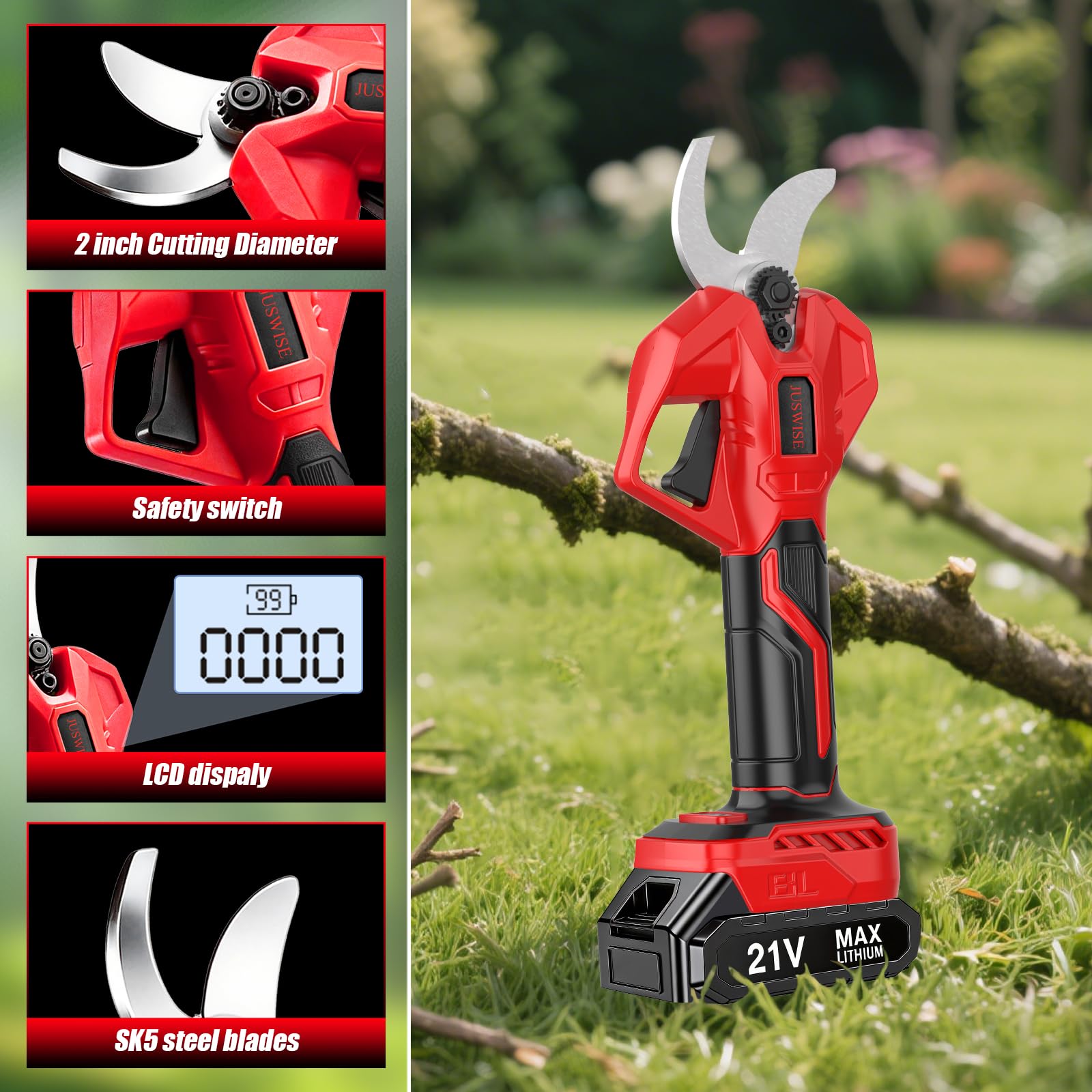 JUSWISE SK5 blade closeup highlighting sharp edge for clean plant-friendly cuts