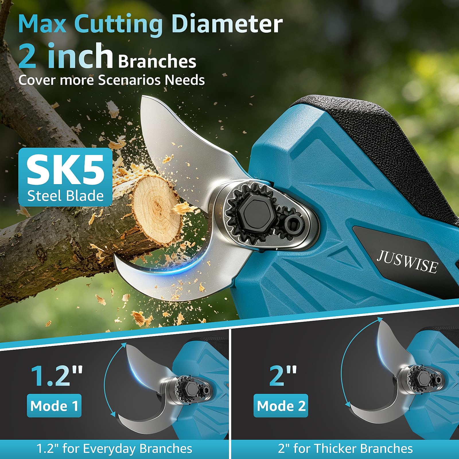 JUSWISE SK5 blade close-up showing sharp edge for clean, healthy plant cuts benefit