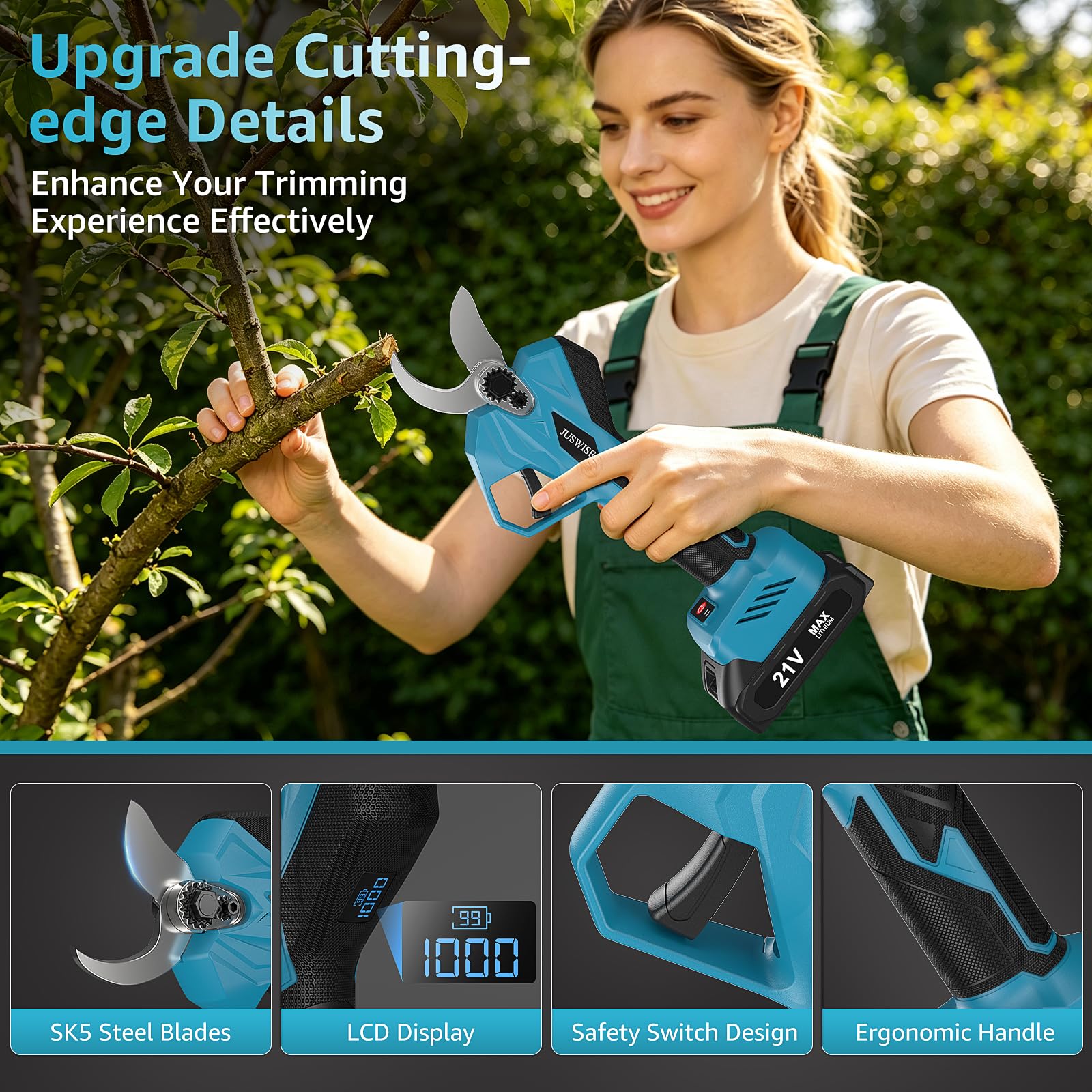 JUSWISE pruners cutting a 2-inch branch in use showing efficient heavy-duty pruning benefit