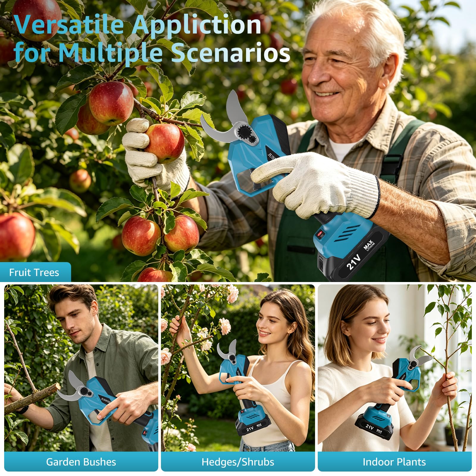 JUSWISE pruning shears held in hand showing scale and comfortable handling benefit