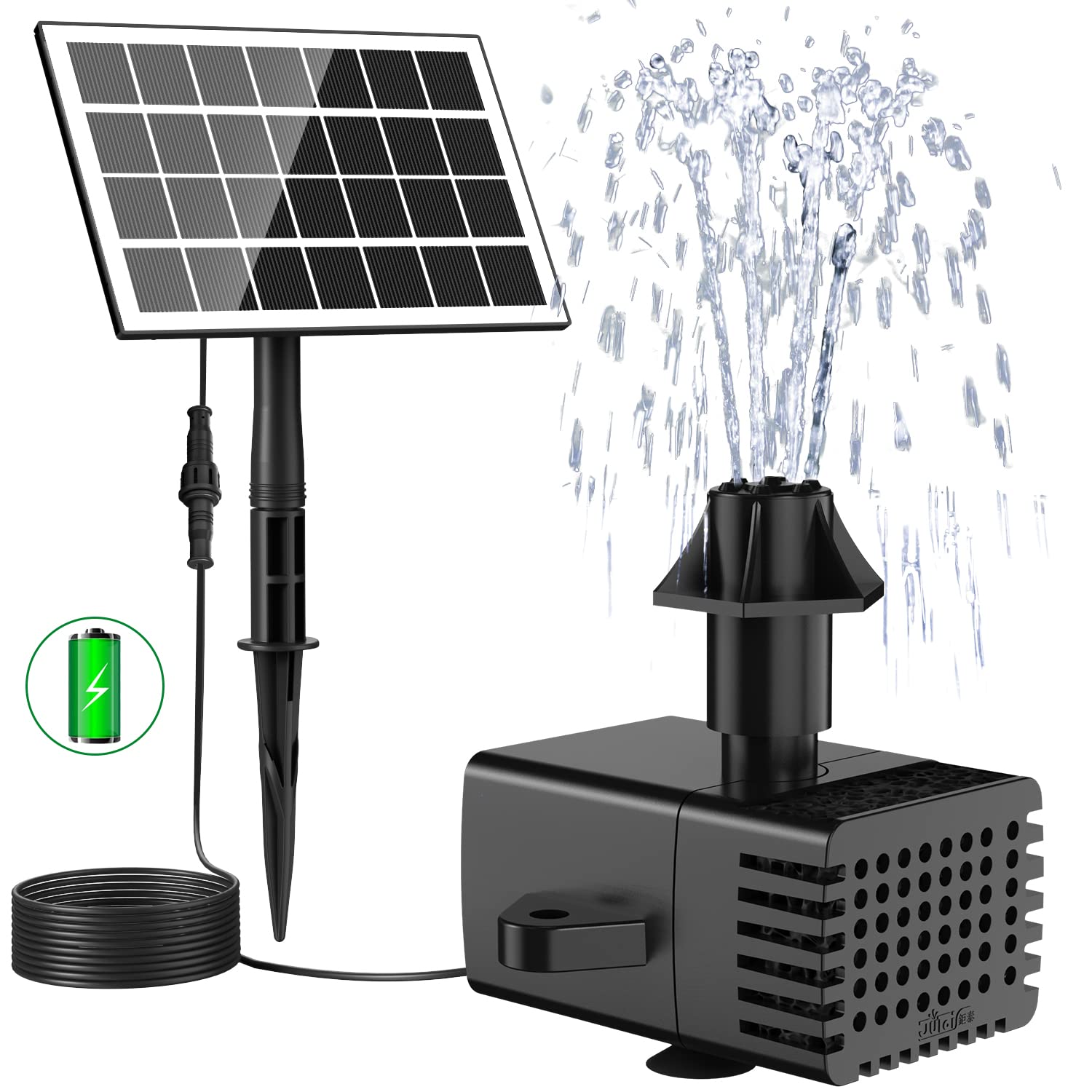 JuTai solar fountain packaged kit showing components and quick setup benefit