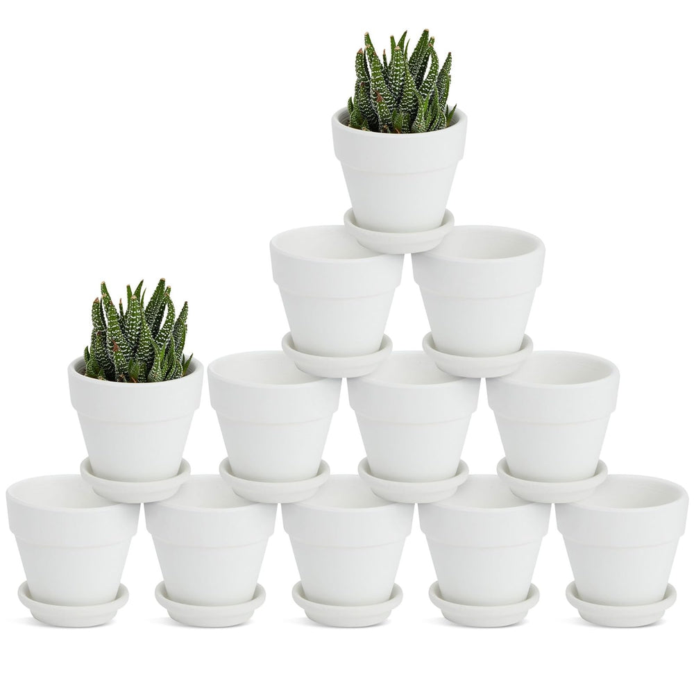 Juvale front view of 12 white mini terracotta pots showing uniform set and tidy look