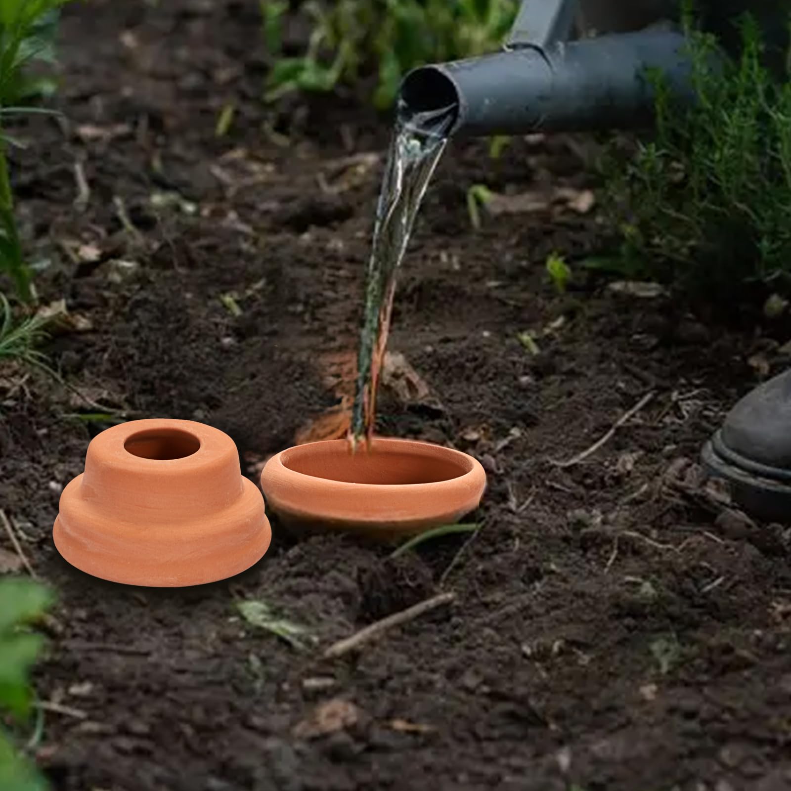 JUXYES filling an olla with water for easy refills and low-maintenance benefit