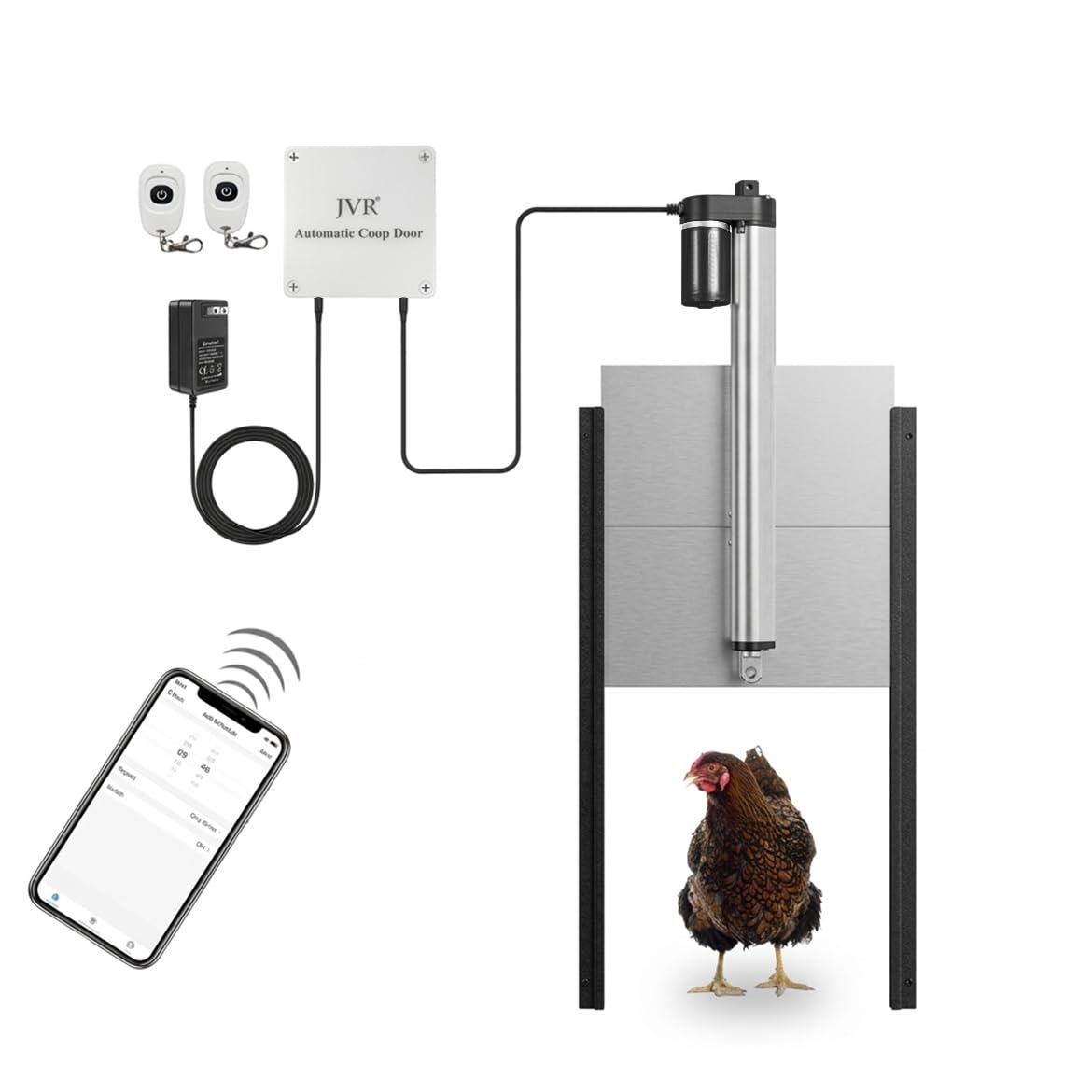 JVR front view of assembled coop door showing sturdy build and secure seal