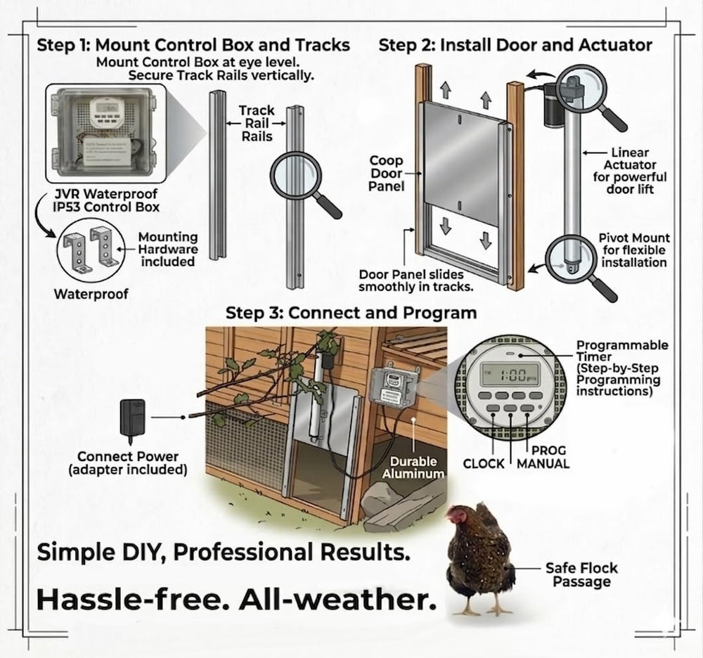 JVR lifestyle backyard coop morning showing reliable automated convenience