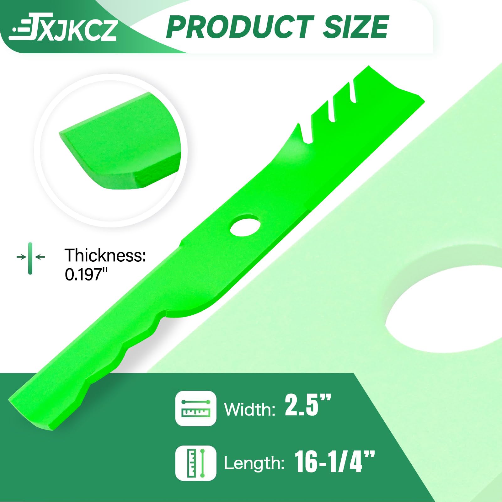 JXJKCZ blade close-up edge profile showing sharp hardened cutting edge for cleaner lawn cuts