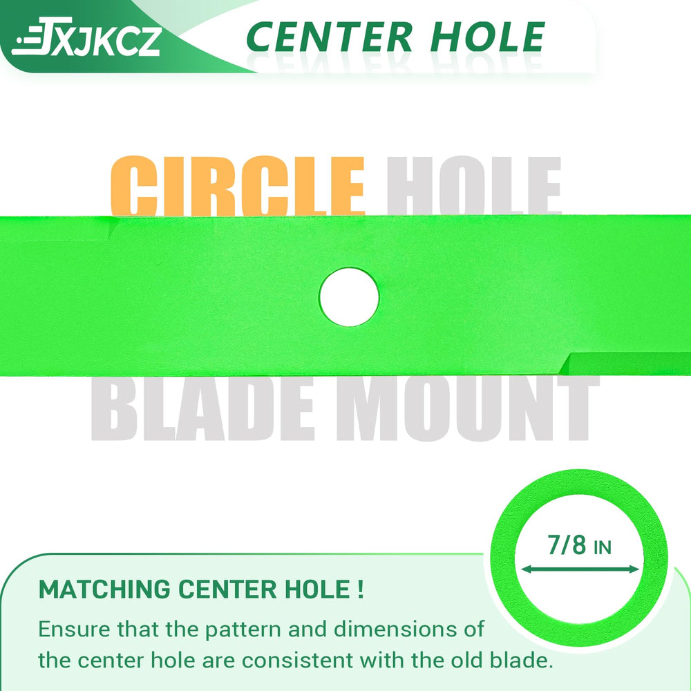 JXJKCZ blade flat view showing length, width and 7/8-inch hole for accurate fit benefit