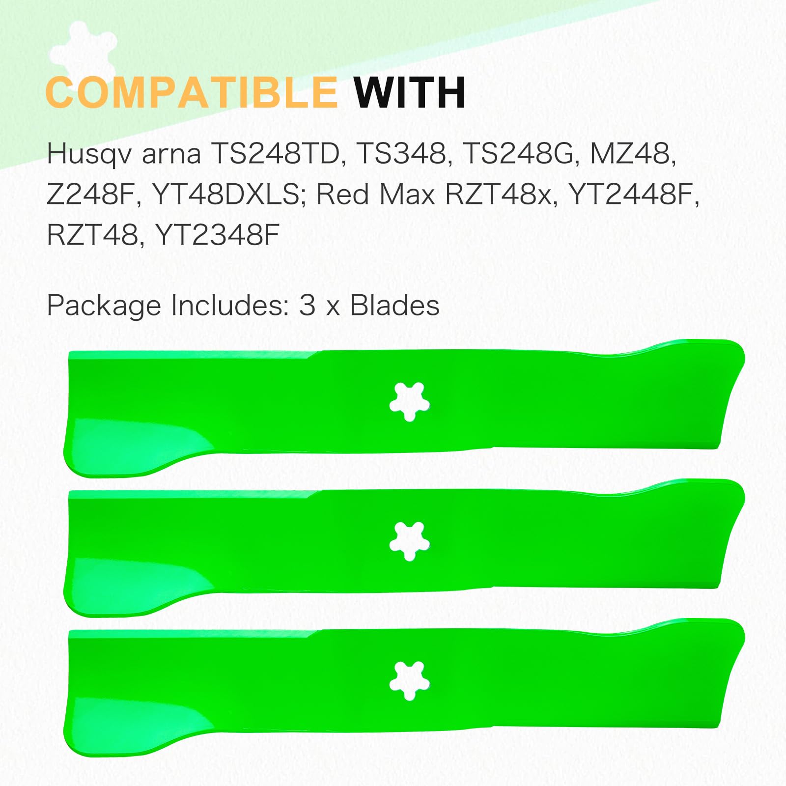 JXJKCZ blade beside tape measure showing exact 48-inch deck length compatibility benefit