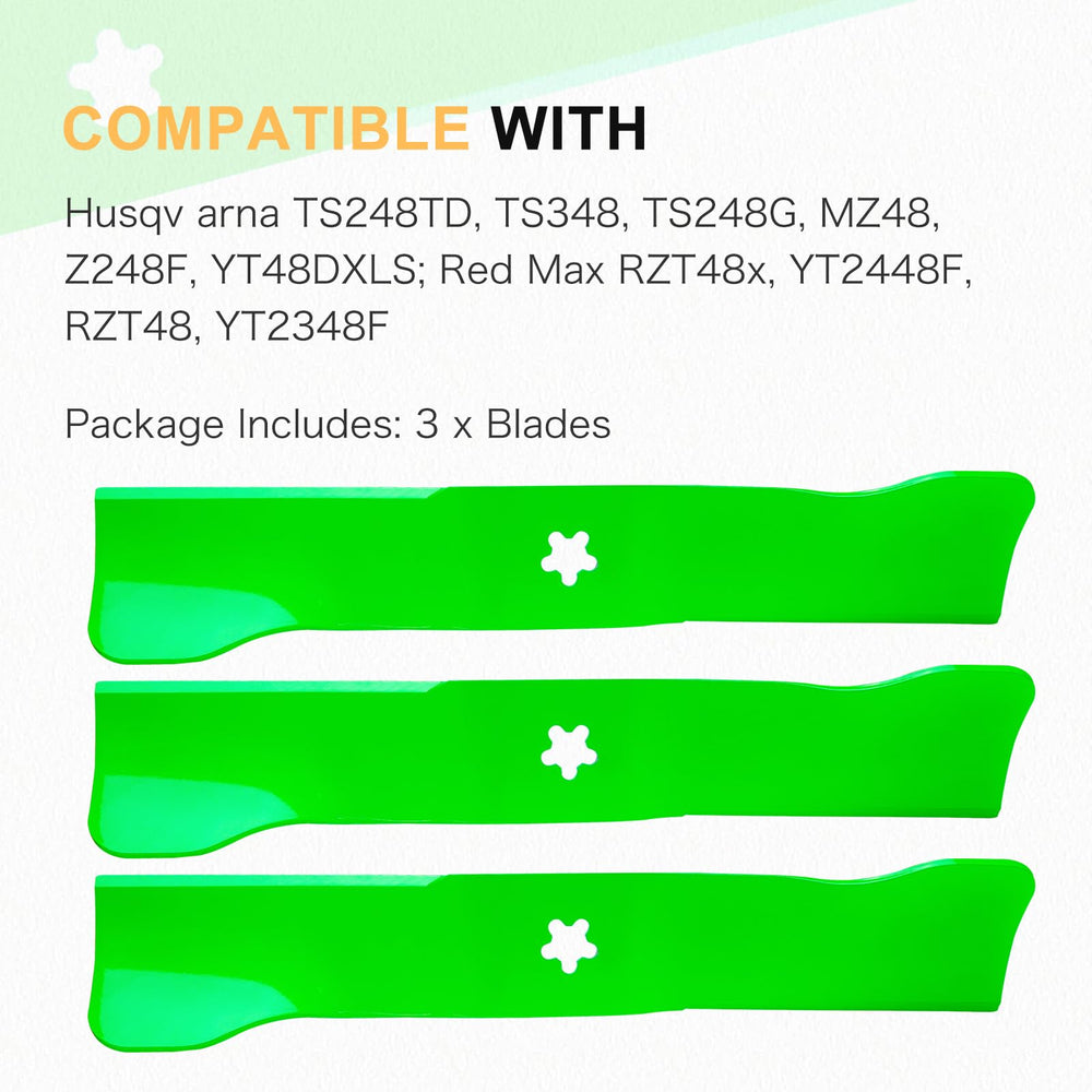 JXJKCZ blade beside tape measure showing exact 48-inch deck length compatibility benefit