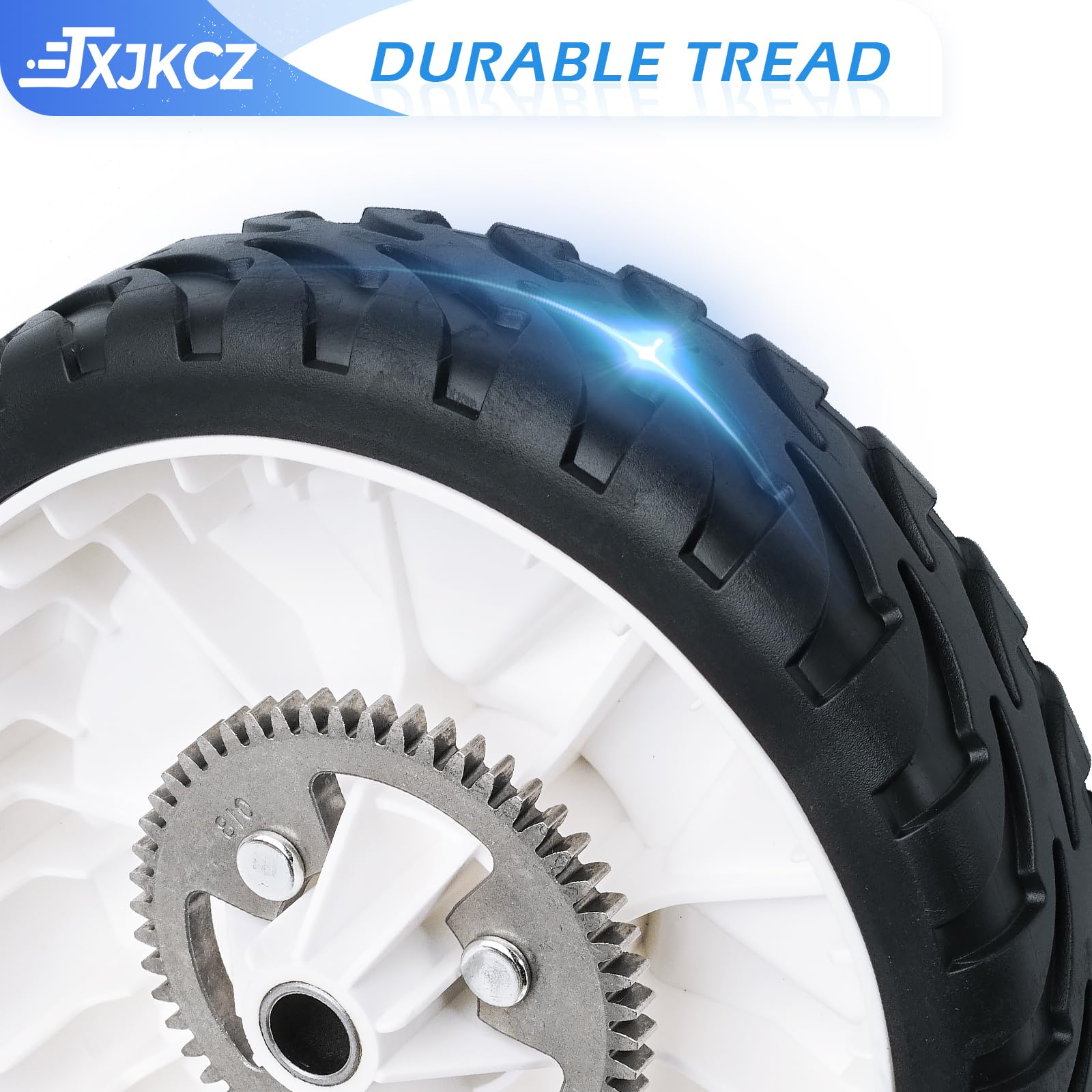 JXJKCZ detailed wheel tread showing traction on grass benefit