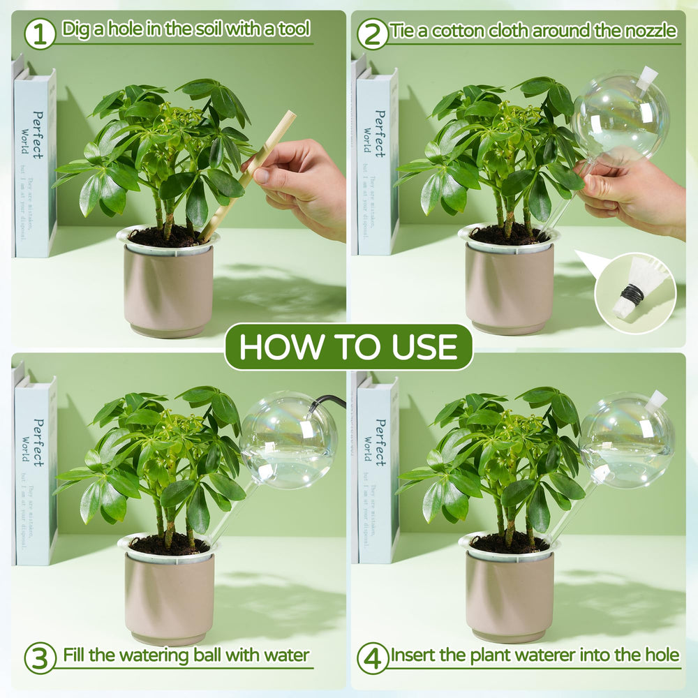 JXWENBYX watering globes inserted in potted plants providing steady moisture while away