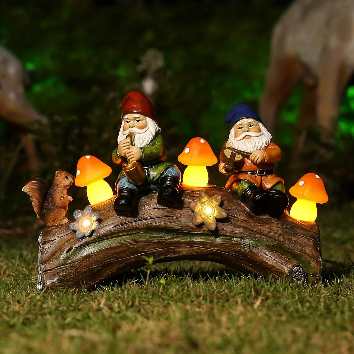 Jy.Cozy front view of gnome with mushroom light adding whimsical charm