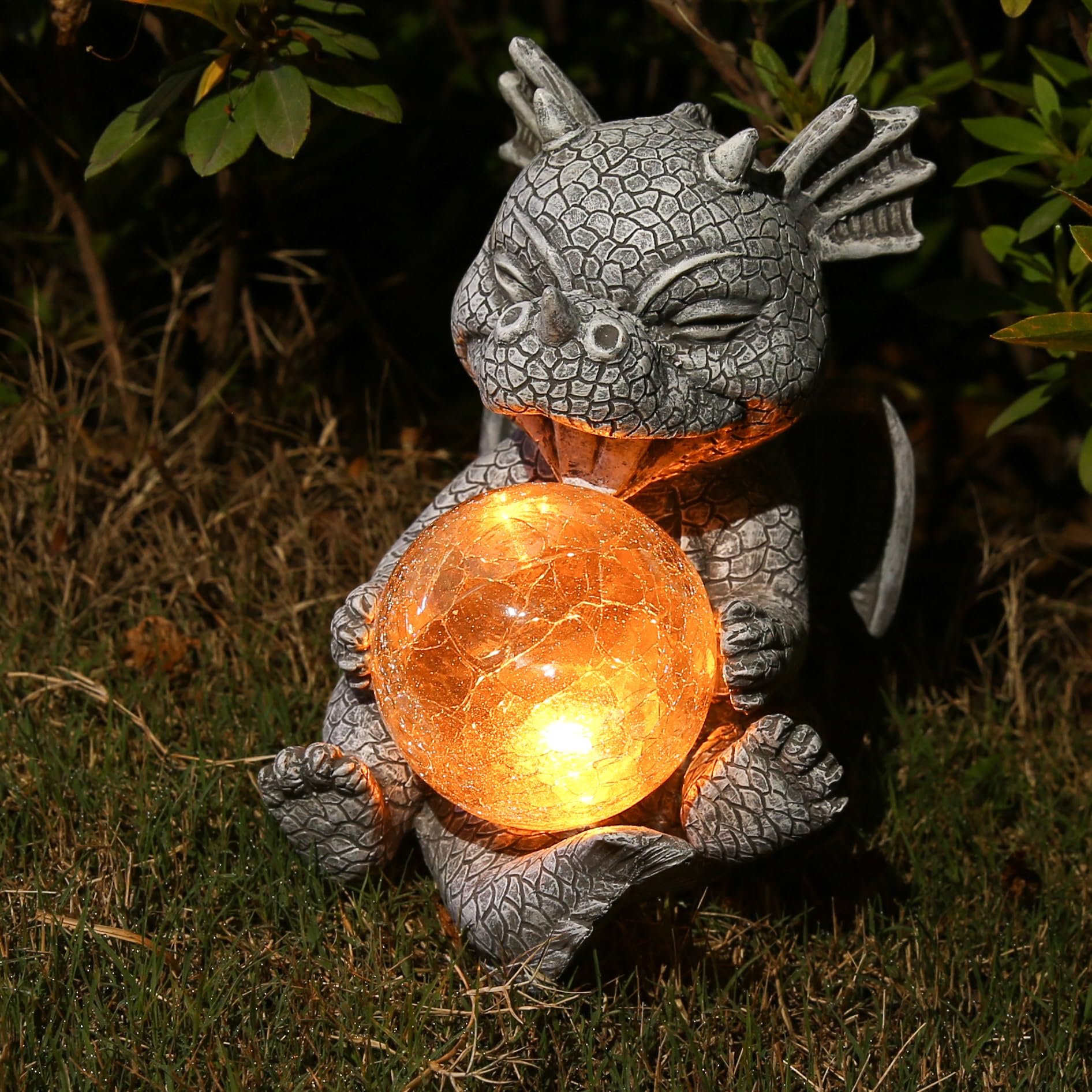 Jy.Cozy dragon in patio scene adding whimsical ambiance to outdoor seating area