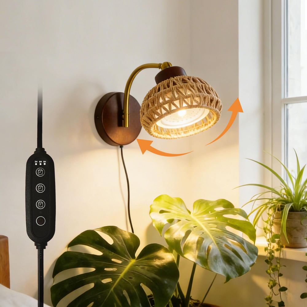 JYCT hanging grow light front view showing elegant rattan shade and plant-friendly lighting benefit