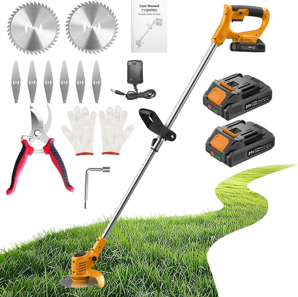 JYGMPRO 21V cordless weed wacker front view showing compact design and controls