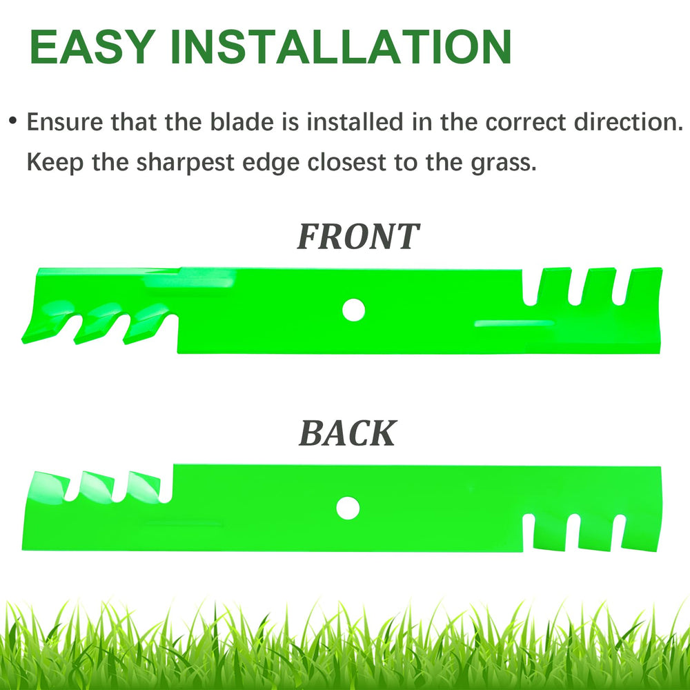 JYLEYJ blade installed under mower deck demonstrating correct fit and reduced vibration benefit