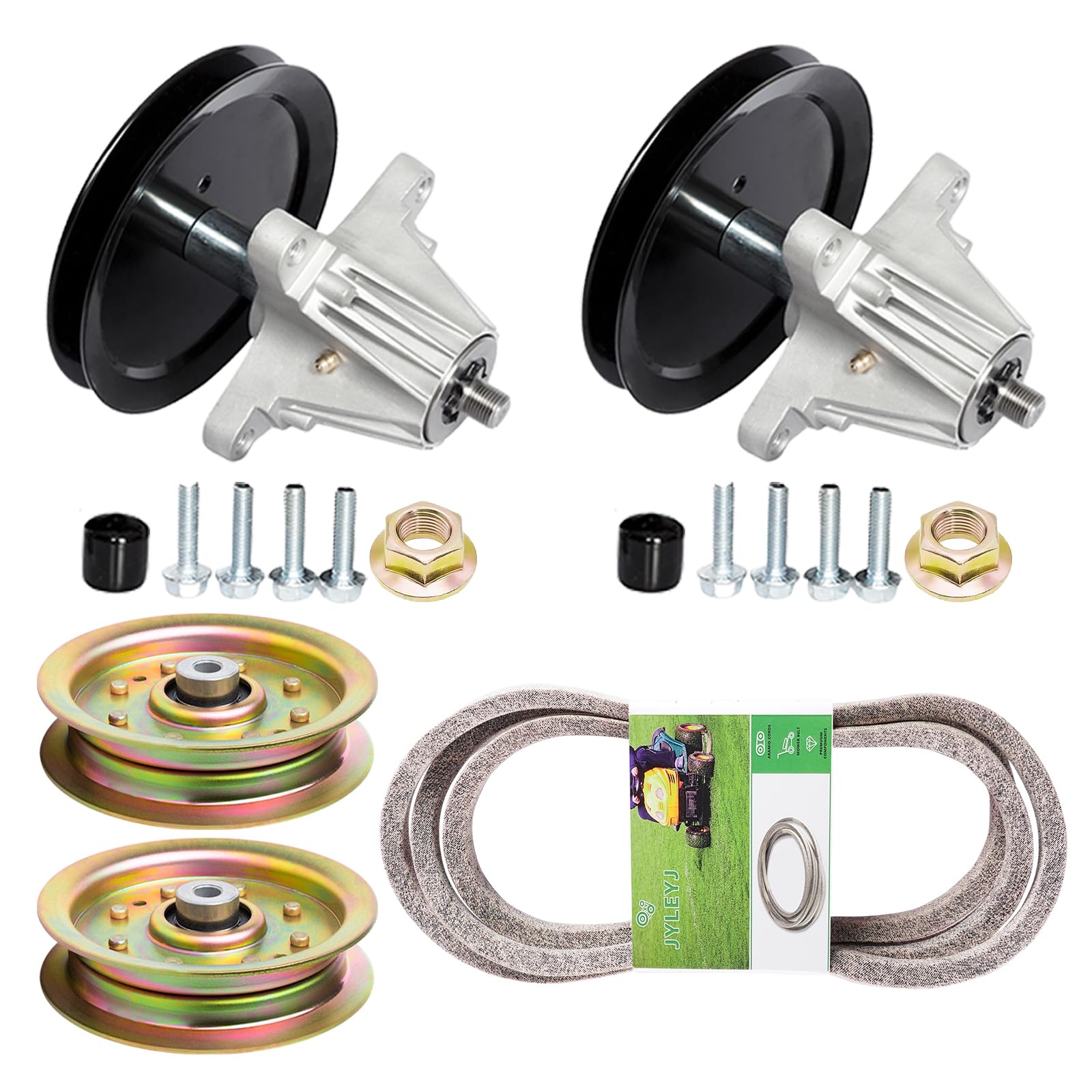 JYLEYJ deck kit front packaging showing included spindles and belt, reassuring compatibility