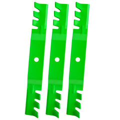 JYLEYJ front view of three packaged mulching blades showing fit and count benefit