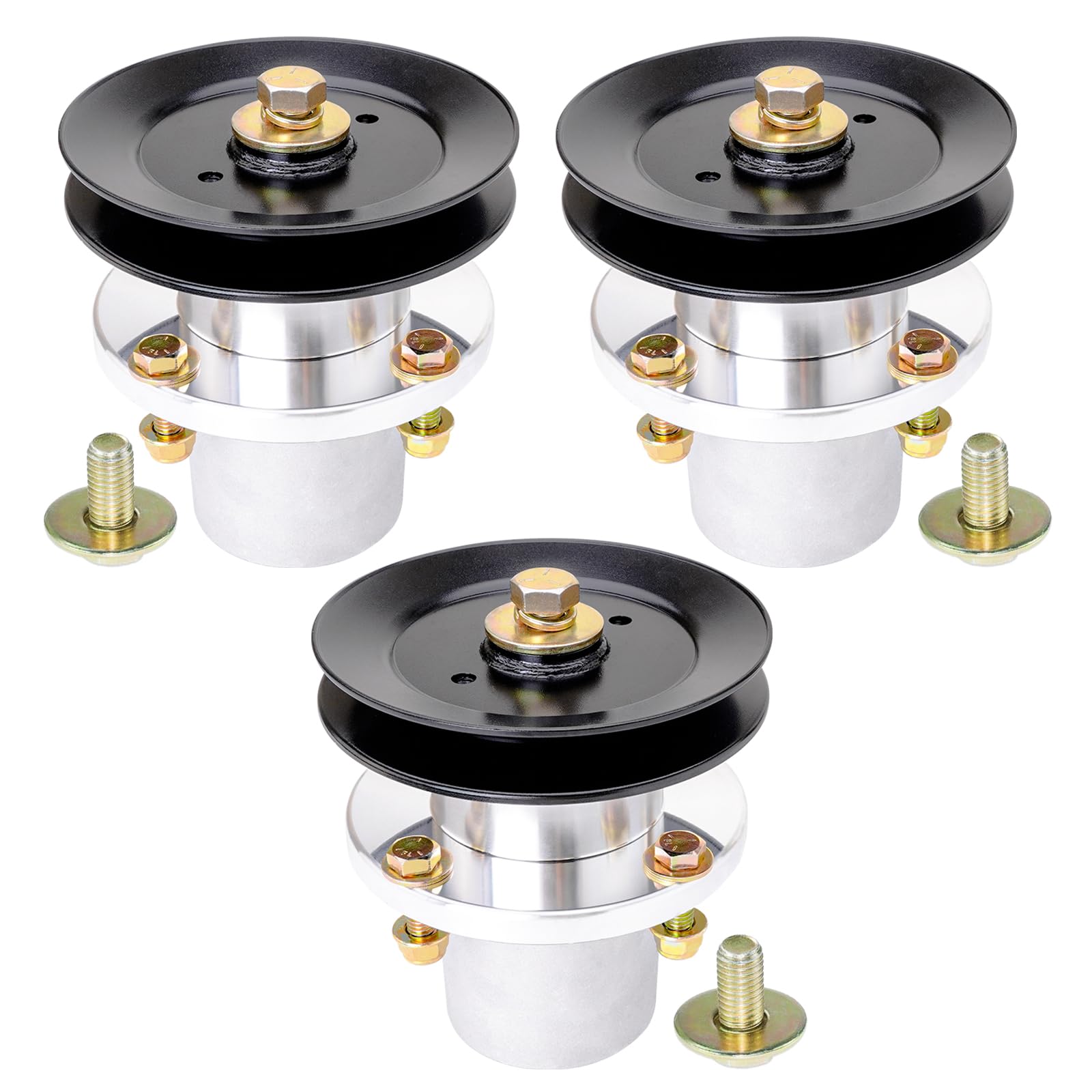 JYLEYJ front view of 3-pack spindle and pulley kit showing full contents and benefit of complete deck service