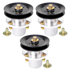 JYLEYJ front view of 3-pack spindle and pulley kit showing full contents and benefit of complete deck service