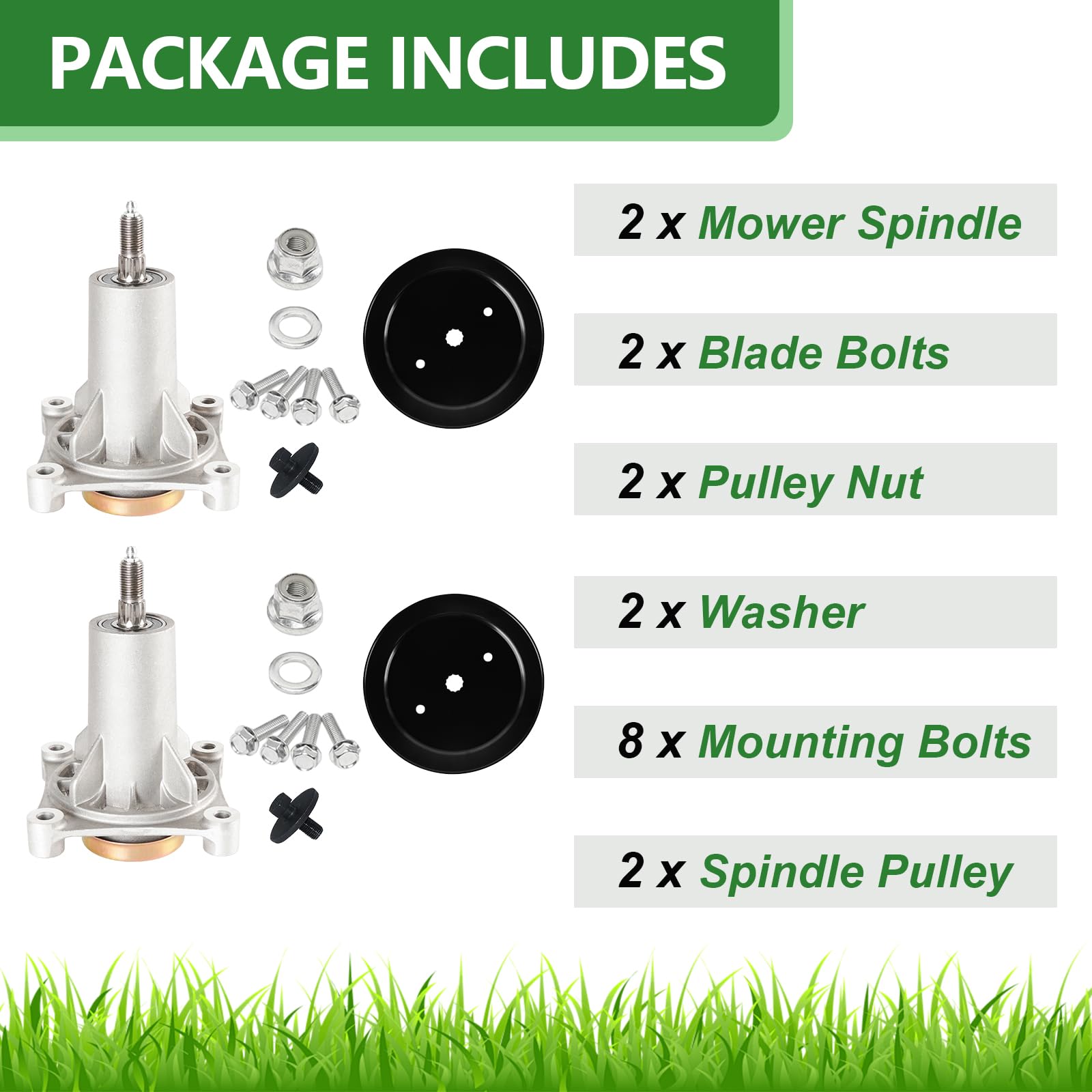 JYLEYJ packaging and contents showing two spindles and two pulleys for complete deck repair