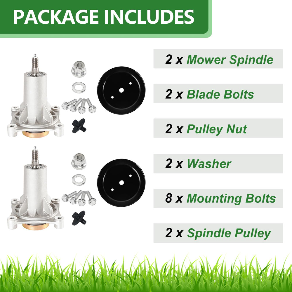 JYLEYJ packaging and contents showing two spindles and two pulleys for complete deck repair