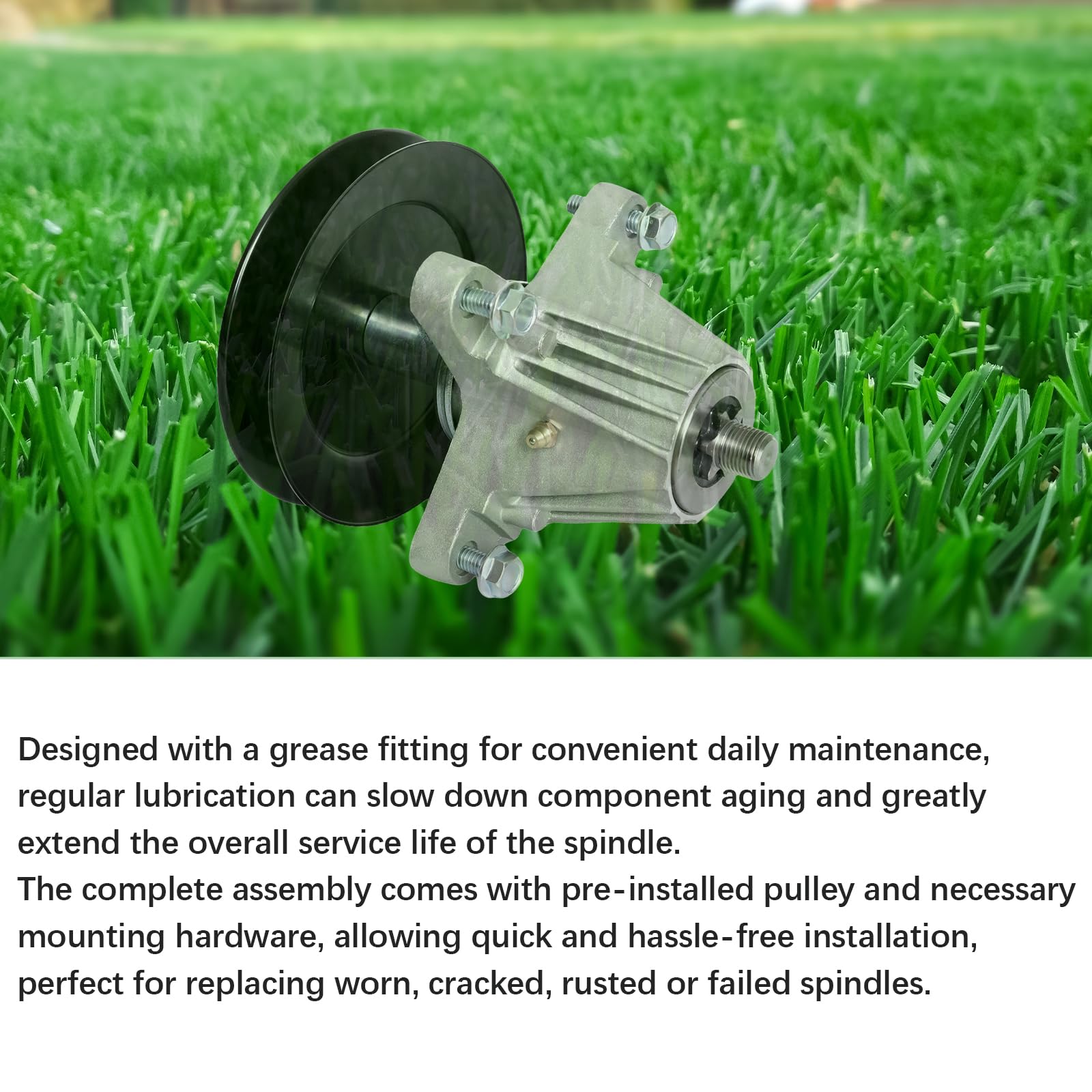 JYLEYJ spindle in a mower repair scene demonstrating quick replacement