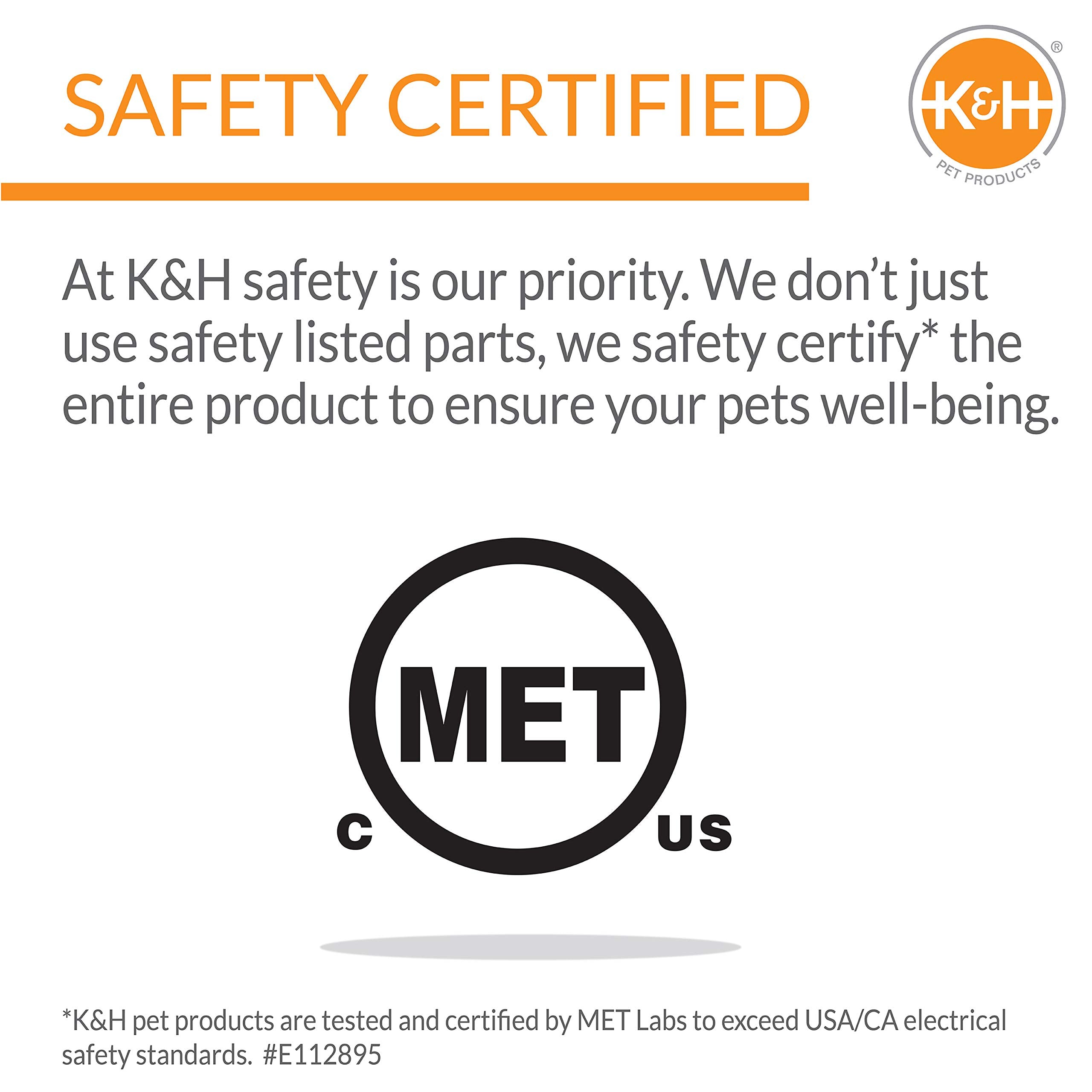 K&H label close-up showing MET Labs certification and three-year warranty