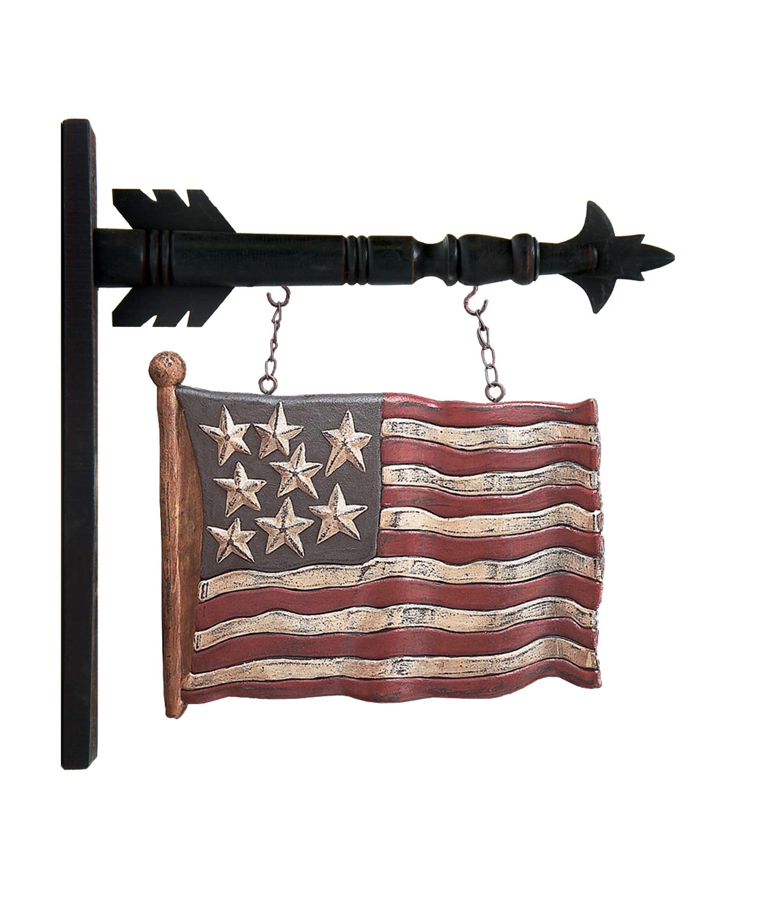 K&K Interiors carved flag arrow front view showing patriotic finish and instant decor impact