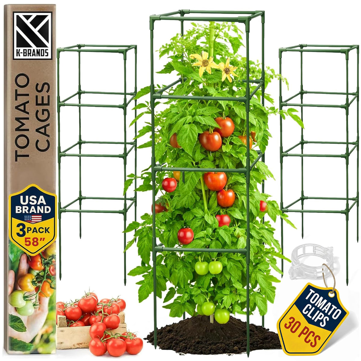 K-Brands front view of square tomato cage showing sturdy support and plant protection
