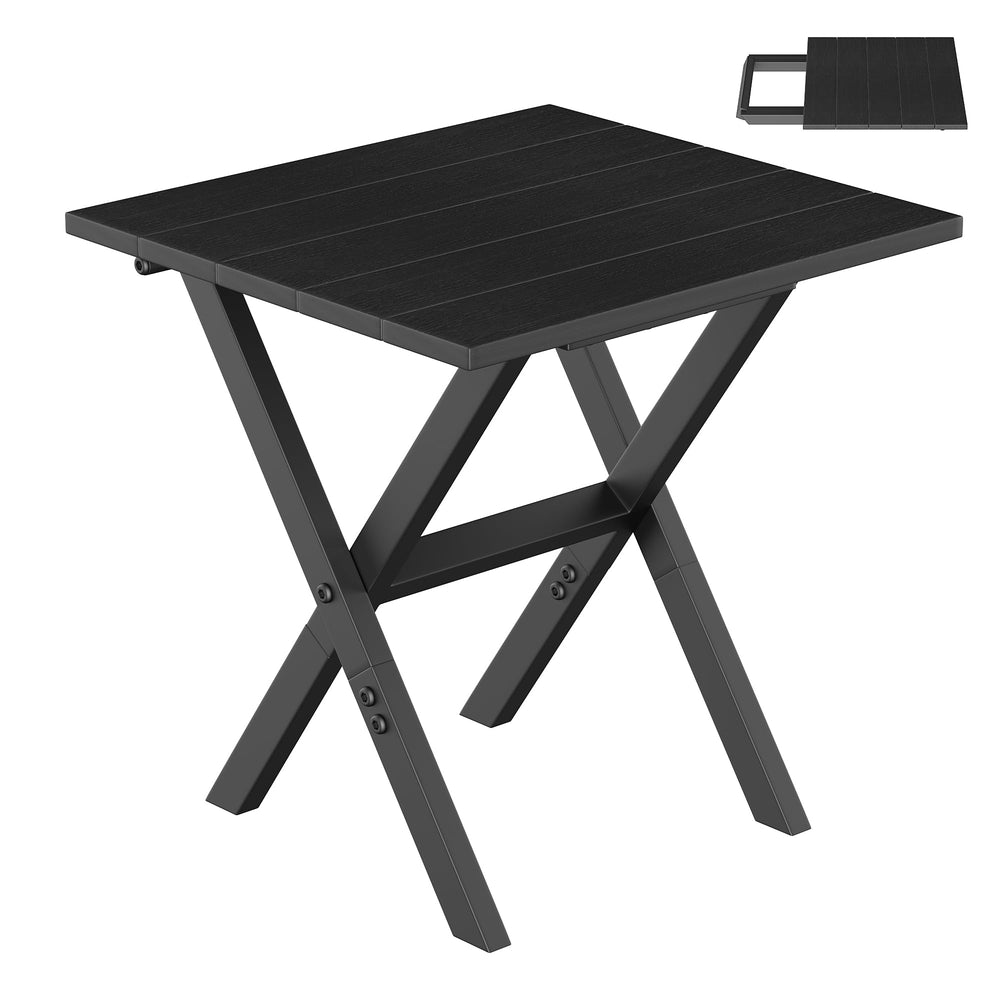 KAAPSAM front view showing folded and open table, easy setup benefit