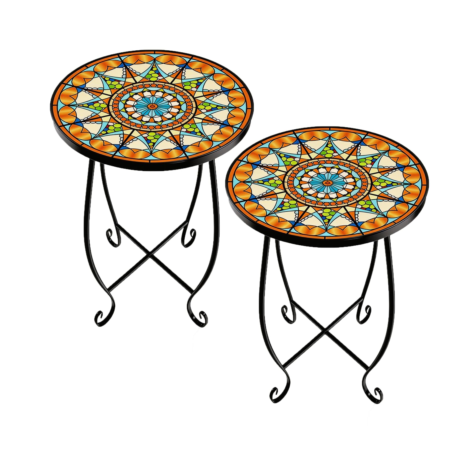 Kaesithar front view of two mosaic sun tables showing vibrant design and balance