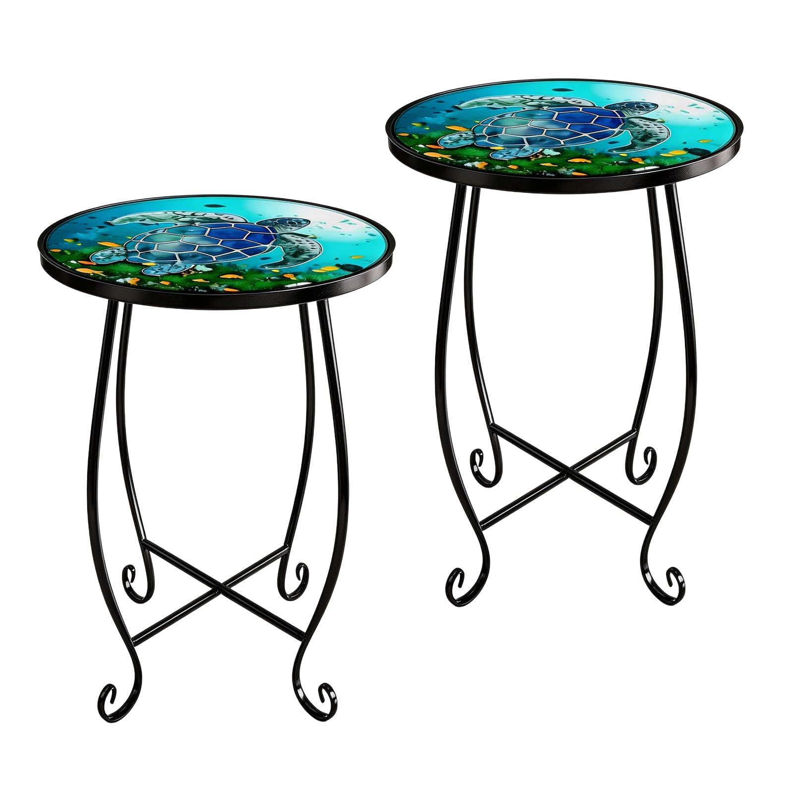 Kaesithar front view of two tables showing matching turtle mosaic tops and portability